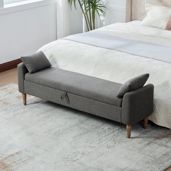 English Elm 65.94" Boucle Upholstered Storage Bench Daybed with Bolster Pillows and Rubberwood Legs Charcoal W3098P467368