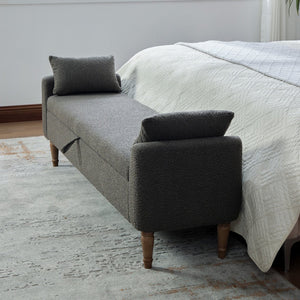 English Elm 65.94" Boucle Upholstered Storage Bench Daybed with Bolster Pillows and Rubberwood Legs Charcoal W3098P467368