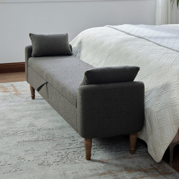 English Elm 65.94" Boucle Upholstered Storage Bench Daybed with Bolster Pillows and Rubberwood Legs Charcoal W3098P467368