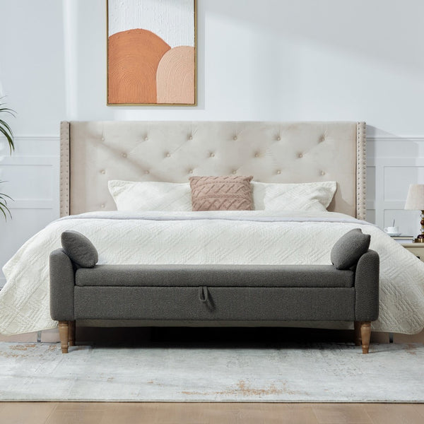 English Elm 65.94" Boucle Upholstered Storage Bench Daybed with Bolster Pillows and Rubberwood Legs Charcoal W3098P467368