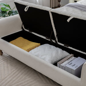 English Elm 65.75 Inch Upholstered Storage Bench Rolled Arms Rubberwood Legs Entryway Bedroom Seat Beige W3098P470268