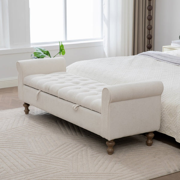 English Elm 65.75 Inch Upholstered Storage Bench Rolled Arms Rubberwood Legs Entryway Bedroom Seat Beige W3098P470268