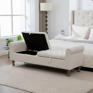 English Elm 65.75 Inch Upholstered Storage Bench Rolled Arms Rubberwood Legs Entryway Bedroom Seat Beige W3098P470268
