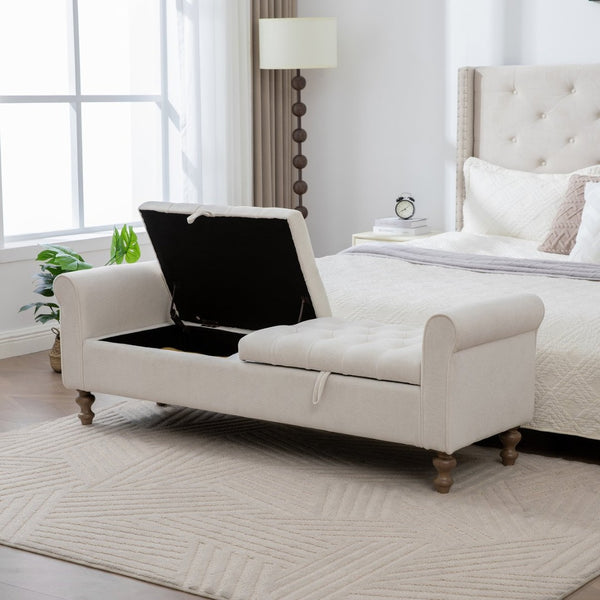English Elm 65.75 Inch Upholstered Storage Bench Rolled Arms Rubberwood Legs Entryway Bedroom Seat Beige W3098P470268