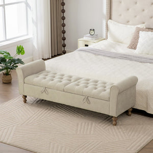 English Elm 65.75 Inch Upholstered Storage Bench Rolled Arms Rubberwood Legs Entryway Bedroom Seat Griege W3098P470269