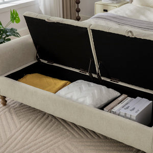 English Elm 65.75 Inch Upholstered Storage Bench Rolled Arms Rubberwood Legs Entryway Bedroom Seat Griege W3098P470269