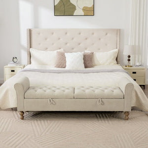 English Elm 65.75 Inch Upholstered Storage Bench Rolled Arms Rubberwood Legs Entryway Bedroom Seat Griege W3098P470269