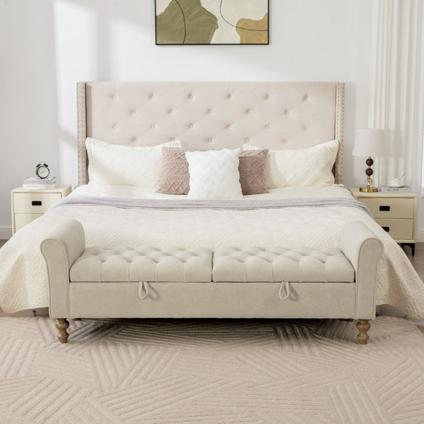 English Elm 65.75 Inch Upholstered Storage Bench Rolled Arms Rubberwood Legs Entryway Bedroom Seat Griege W3098P470269