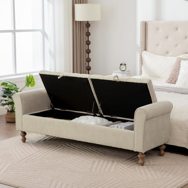 English Elm 65.75 Inch Upholstered Storage Bench Rolled Arms Rubberwood Legs Entryway Bedroom Seat Griege W3098P470269
