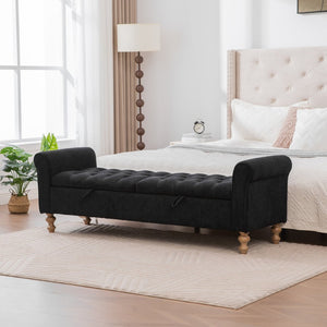 English Elm 65.75 Inch Upholstered Storage Bench Rolled Arms Rubberwood Legs Entryway Bedroom Seat Black W3098P470272
