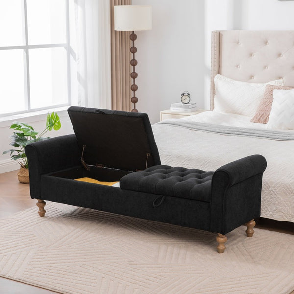 English Elm 65.75 Inch Upholstered Storage Bench Rolled Arms Rubberwood Legs Entryway Bedroom Seat Black W3098P470272