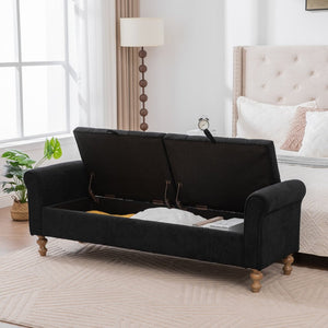 English Elm 65.75 Inch Upholstered Storage Bench Rolled Arms Rubberwood Legs Entryway Bedroom Seat Black W3098P470272