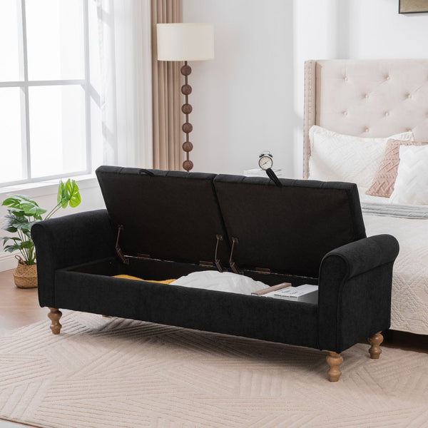 English Elm 65.75 Inch Upholstered Storage Bench Rolled Arms Rubberwood Legs Entryway Bedroom Seat Black W3098P470272
