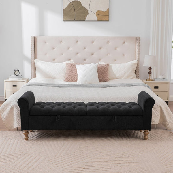 English Elm 65.75 Inch Upholstered Storage Bench Rolled Arms Rubberwood Legs Entryway Bedroom Seat Black W3098P470272