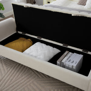 English Elm 65.55 Inch Upholstered Storage Bench with Lift Top Napped Fabric and Walnut Rubberwood Legs Beige W3098P470274