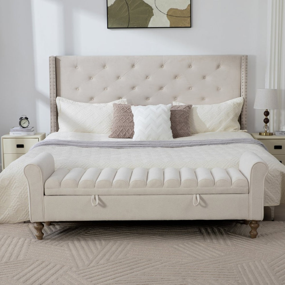 English Elm 65.55 Inch Upholstered Storage Bench with Lift Top Napped Fabric and Walnut Rubberwood Legs Beige W3098P470274