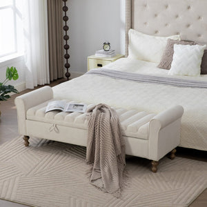 English Elm 65.55 Inch Upholstered Storage Bench with Lift Top Napped Fabric and Walnut Rubberwood Legs Beige W3098P470274