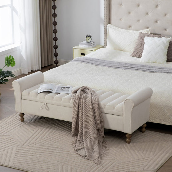 English Elm 65.55 Inch Upholstered Storage Bench with Lift Top Napped Fabric and Walnut Rubberwood Legs Beige W3098P470274