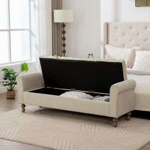 English Elm 65.55 Inch Upholstered Storage Bench with Lift Top Napped Fabric and Walnut Rubberwood Legs Griege W3098P470275