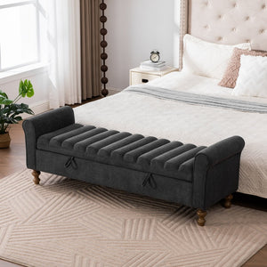 English Elm 65.55 Inch Upholstered Storage Bench with Lift Top Napped Fabric and Walnut Rubberwood Legs Charcoal W3098P470278
