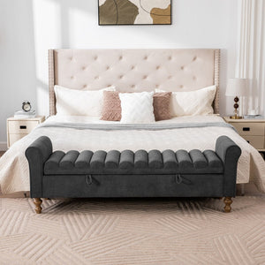 English Elm 65.55 Inch Upholstered Storage Bench with Lift Top Napped Fabric and Walnut Rubberwood Legs Charcoal W3098P470278