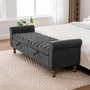 English Elm 65.55 Inch Upholstered Storage Bench with Lift Top Napped Fabric and Walnut Rubberwood Legs Charcoal W3098P470278