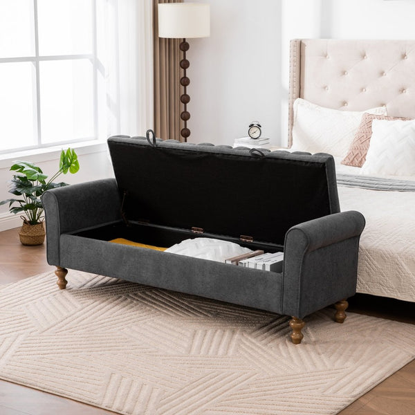 English Elm 65.55 Inch Upholstered Storage Bench with Lift Top Napped Fabric and Walnut Rubberwood Legs Charcoal W3098P470278