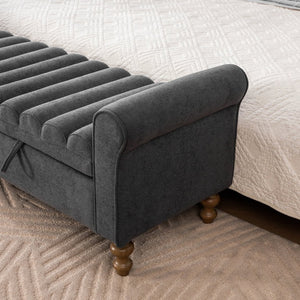 English Elm 65.55 Inch Upholstered Storage Bench with Lift Top Napped Fabric and Walnut Rubberwood Legs Charcoal W3098P470278