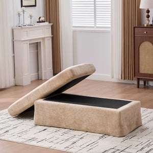 English Elm 43.7" Square Chenille Cocktail Ottoman with Removable Tray Top and Sleek Metal Legs Wheat W3098P496320