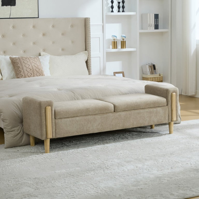 English Elm 65.67 Inch Chenille Storage Bench with Armrests Rubberwood Legs for Bedroom Entryway Greige W3098P529807