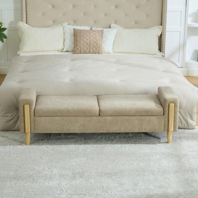 English Elm 65.67 Inch Chenille Storage Bench with Armrests Rubberwood Legs for Bedroom Entryway Greige W3098P529807