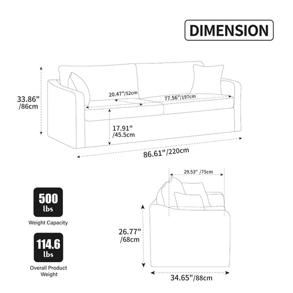 English Elm 86.61" Wide Chenille Two-seat Sofa Solid Wood Frame with Bolster Pillows for Living Rooms Beige W3098S00080