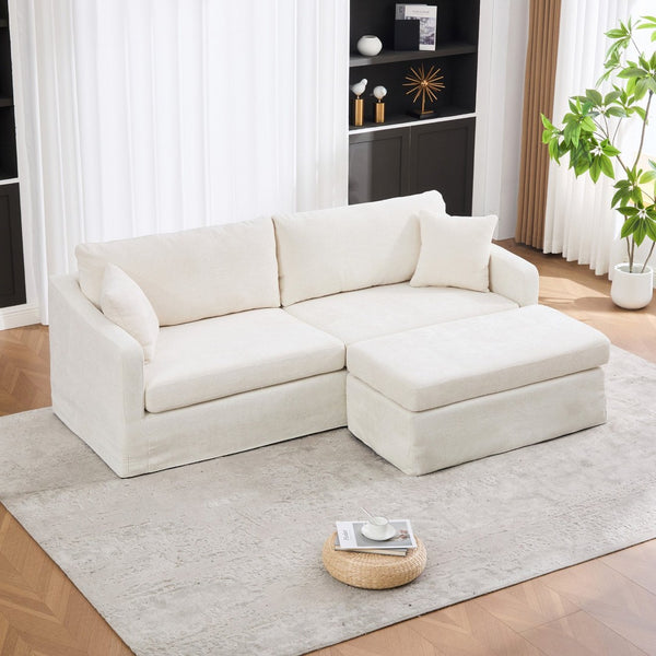 English Elm 86.61" Wide Chenille Two Seat Sofa with Ottoman Solid Wood Frame and Matte Black Metal Legs Beige W3098S00083