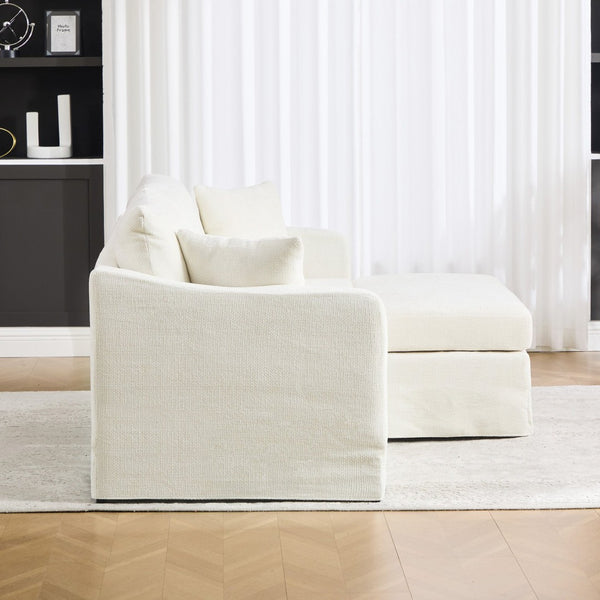 English Elm 86.61" Wide Chenille Two Seat Sofa with Ottoman Solid Wood Frame and Matte Black Metal Legs Beige W3098S00083