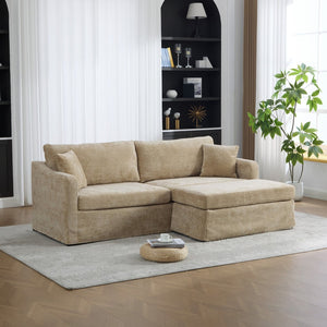 English Elm 86.61" Wide Chenille Two Seat Sofa with Ottoman Solid Wood Frame and Matte Black Metal Legs Wheat W3098S00084