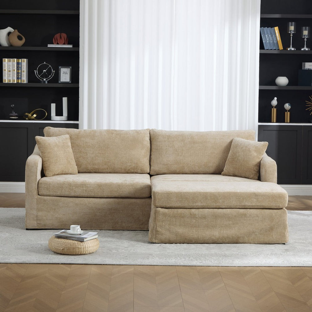 English Elm 86.61" Wide Chenille Two Seat Sofa with Ottoman Solid Wood Frame and Matte Black Metal Legs Wheat W3098S00084