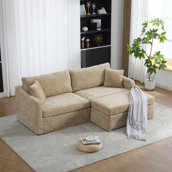 English Elm 86.61" Wide Chenille Two Seat Sofa with Ottoman Solid Wood Frame and Matte Black Metal Legs Wheat W3098S00084