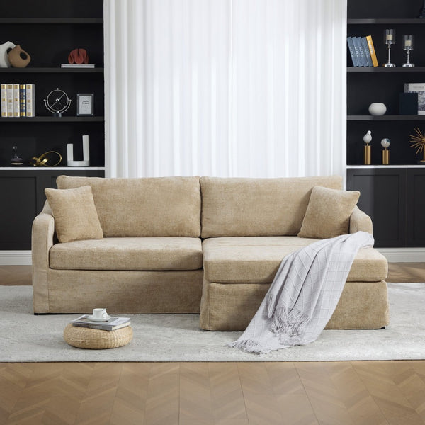 English Elm 86.61" Wide Chenille Two Seat Sofa with Ottoman Solid Wood Frame and Matte Black Metal Legs Wheat W3098S00084