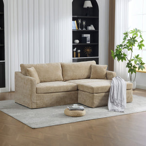 English Elm 86.61" Wide Chenille Two Seat Sofa with Ottoman Solid Wood Frame and Matte Black Metal Legs Wheat W3098S00084