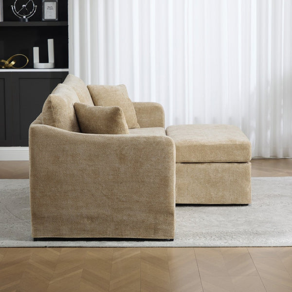 English Elm 86.61" Wide Chenille Two Seat Sofa with Ottoman Solid Wood Frame and Matte Black Metal Legs Wheat W3098S00084