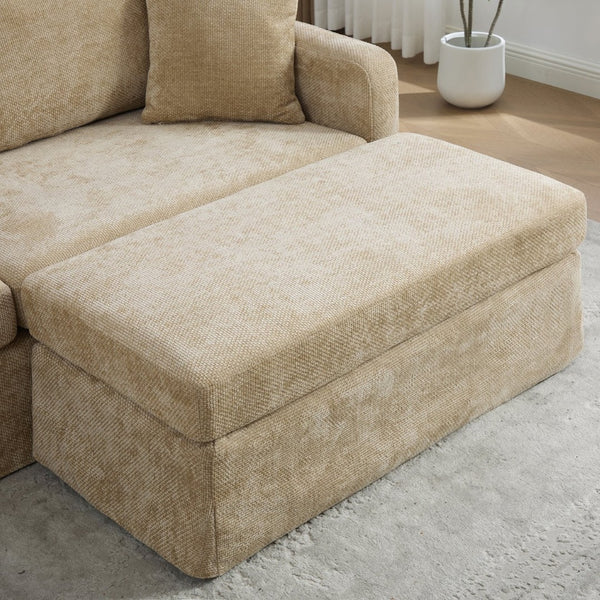 English Elm 86.61" Wide Chenille Two Seat Sofa with Ottoman Solid Wood Frame and Matte Black Metal Legs Wheat W3098S00084
