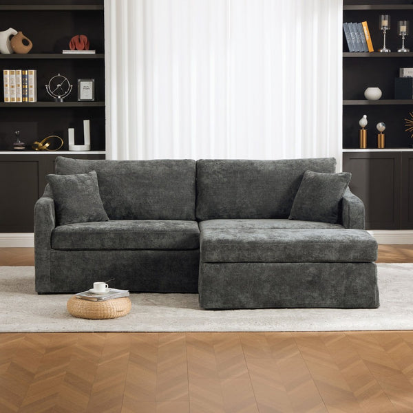 English Elm 86.61" Wide Chenille Two Seat Sofa with Ottoman Solid Wood Frame and Matte Black Metal Legs Charcoal W3098S00085