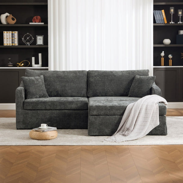 English Elm 86.61" Wide Chenille Two Seat Sofa with Ottoman Solid Wood Frame and Matte Black Metal Legs Charcoal W3098S00085