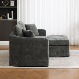 English Elm 86.61" Wide Chenille Two Seat Sofa with Ottoman Solid Wood Frame and Matte Black Metal Legs Charcoal W3098S00085