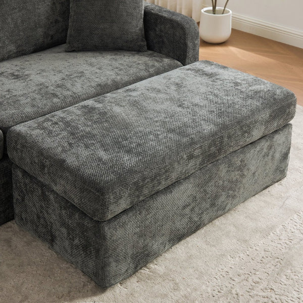 English Elm 86.61" Wide Chenille Two Seat Sofa with Ottoman Solid Wood Frame and Matte Black Metal Legs Charcoal W3098S00085