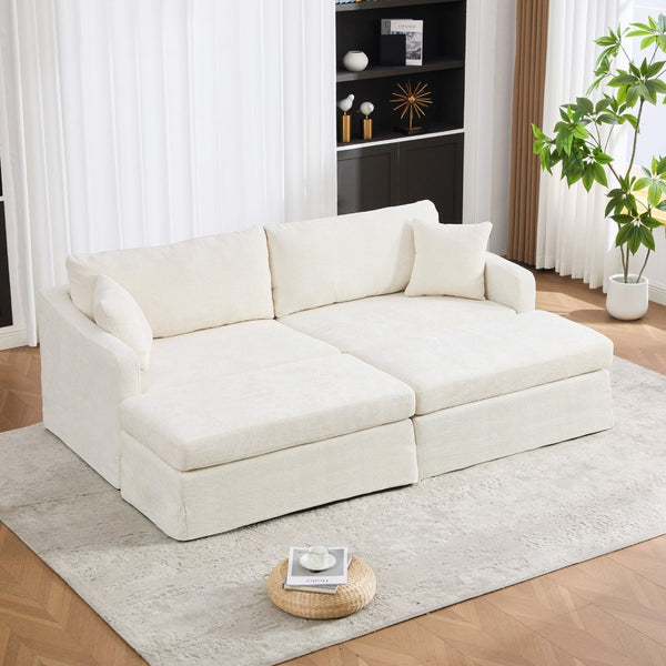 English Elm 86.61" Chenille Two-seat Sofa with Matching Ottomans Matte Black Legs Modern Lounge Beige W3098S00086