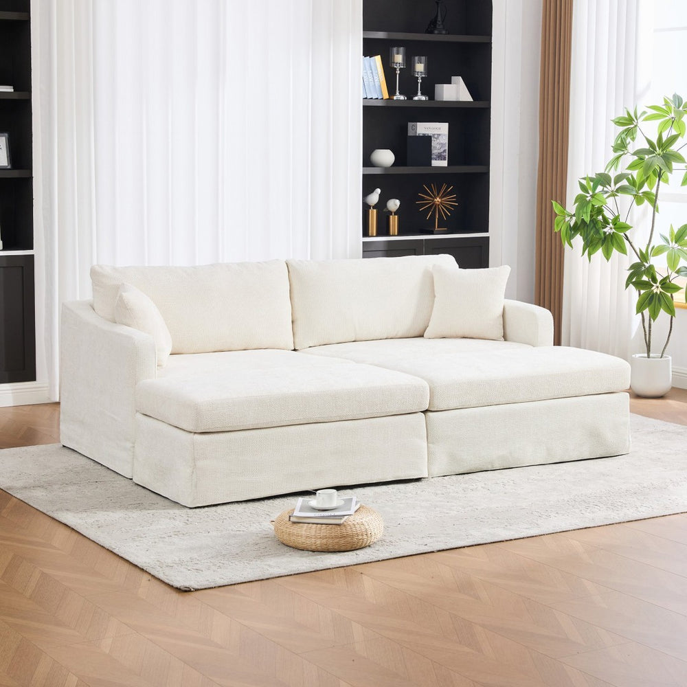 English Elm 86.61" Chenille Two-seat Sofa with Matching Ottomans Matte Black Legs Modern Lounge Beige W3098S00086