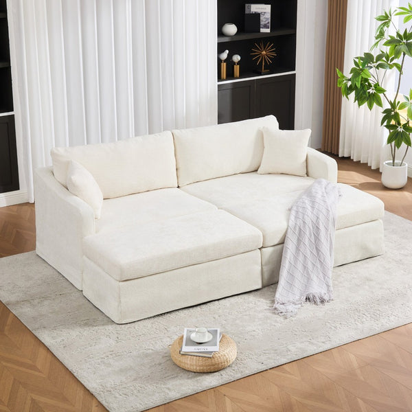 English Elm 86.61" Chenille Two-seat Sofa with Matching Ottomans Matte Black Legs Modern Lounge Beige W3098S00086