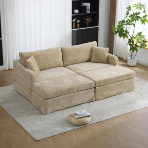 English Elm 86.61" Chenille Two-seat Sofa with Matching Ottomans Matte Black Legs Modern Lounge Wheat W3098S00087