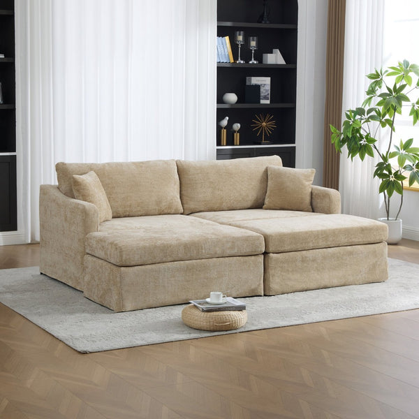 English Elm 86.61" Chenille Two-seat Sofa with Matching Ottomans Matte Black Legs Modern Lounge Wheat W3098S00087